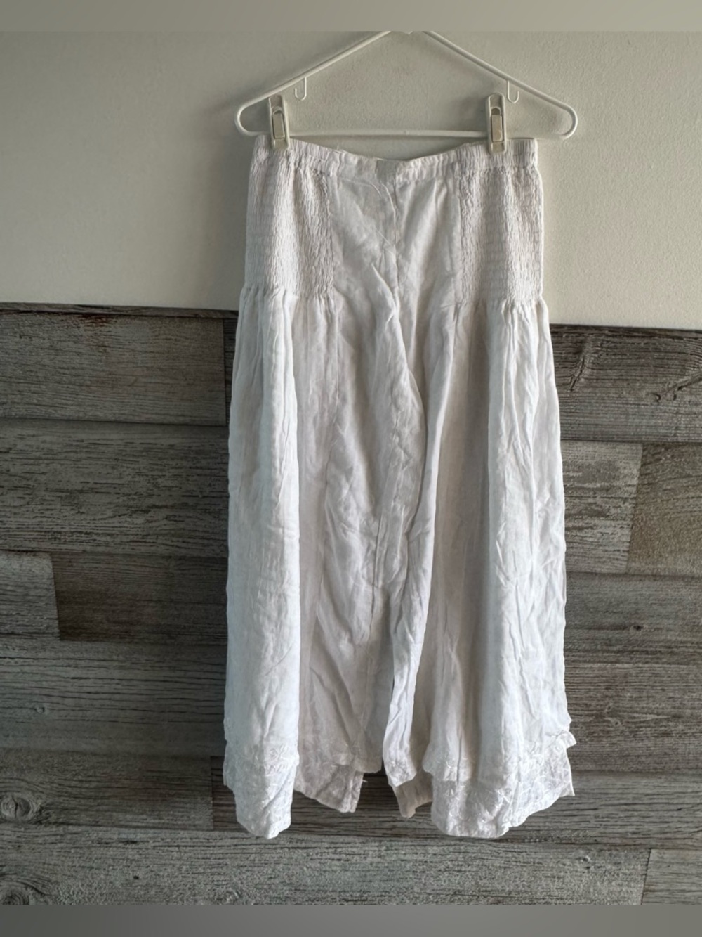 Cleopatra White Gauze Boho Wide Leg Pants Smocked Waist Embroidered Hem (C1)